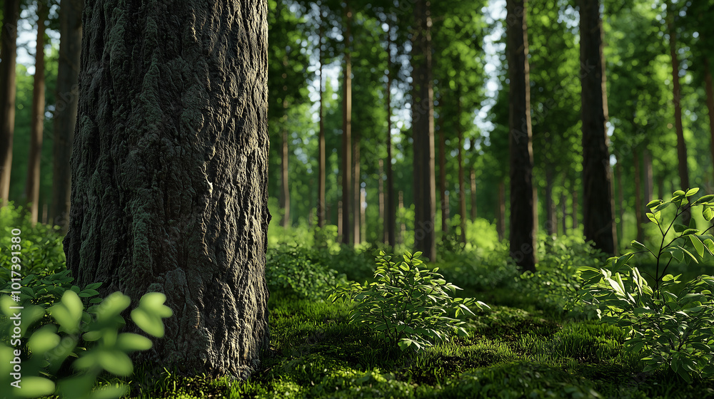 Fototapeta premium A Serene Forest with Sunlight Filtering Through the Tall Trees