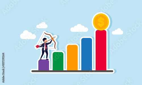 A businessman is aiming at a dollar coin positioned at the peak of a chart, illustrating the goal of targeting a specific dollar collection price for future all-time highs.