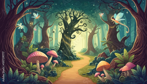Mystical woodland with ancient trees lush vegetation and sparkling fairy lights background