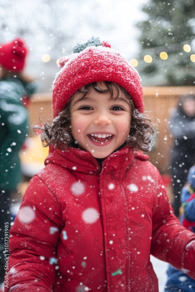 Joyful Child Enjoying a Snowy Winter Day in a Festive Setting With Friends and Twinkling Lights Joyful Child Enjoying a Snowy Winter Day in a Festive Setting With Friends and Twinkling Lights