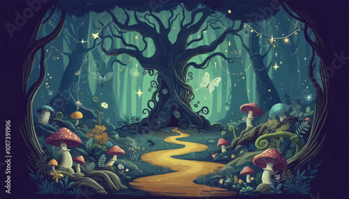 Mystical woodland with ancient trees lush vegetation and sparkling fairy lights background
