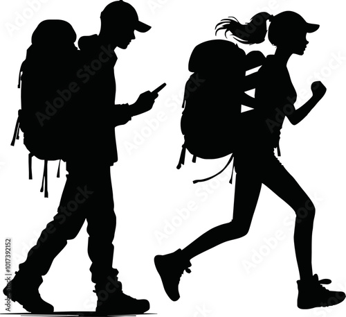 Tourists couple with backpacks vector silhouette illustration isolated on white background