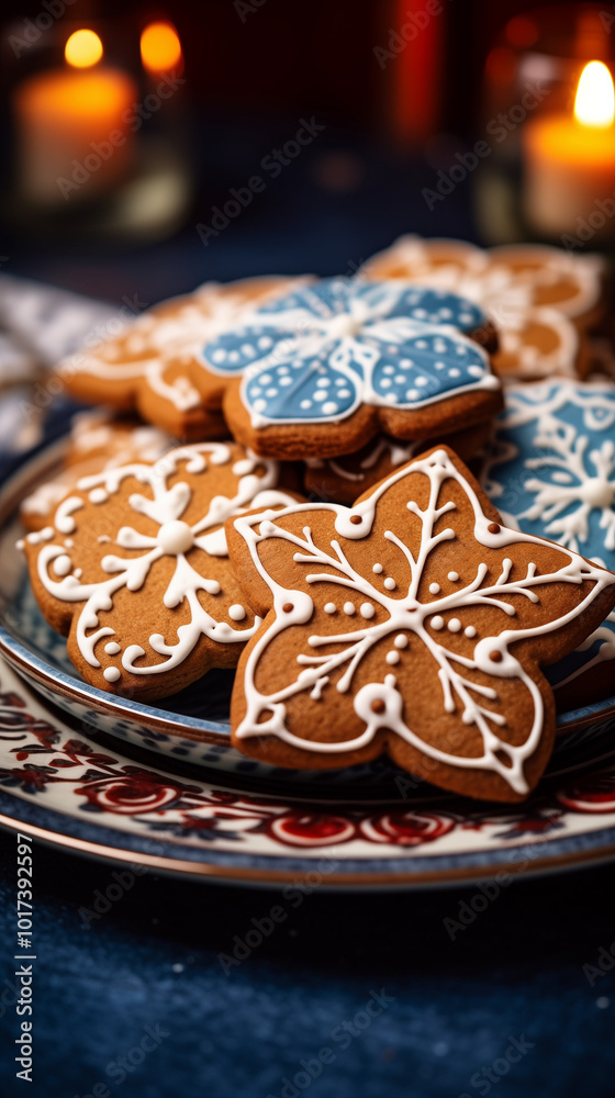 Christmas-themed gingerbread cookies arranged on a decorative plate with festive patterns, soft warm light, cozy and inviting holiday atmosphere, detailed cookie decorations Christmas-themed gingerbread cookies arranged on a decorative plate with festive patterns, soft warm light, cozy and inviting holiday atmosphere, detailed cookie decorations