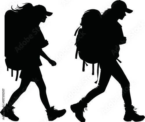 Tourists couple with backpacks vector silhouette illustration isolated on white background