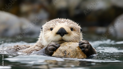 Sea Otter Holding a Rock