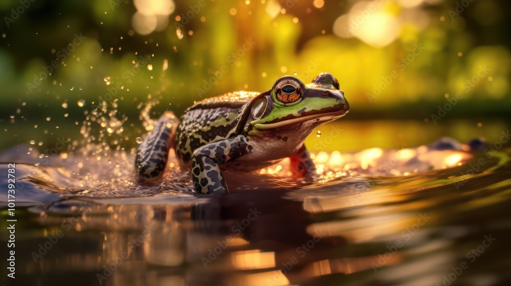 Fototapeta premium Frog Emerging from Water at Sunset