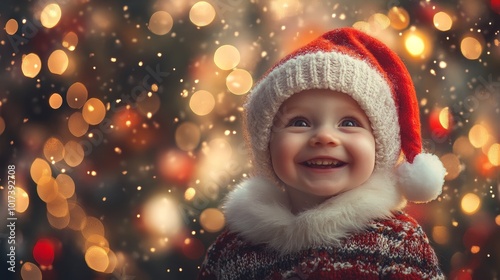 Joyful Child in Christmas Attire Smiles Amidst Twinkling Lights and Falling Snowflakes During the Festive Season