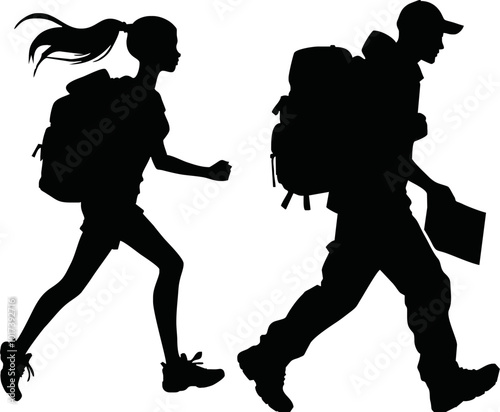 Tourists couple with backpacks vector silhouette illustration isolated on white background
