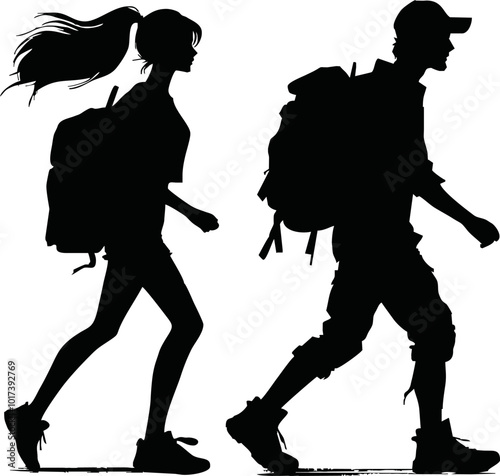 Tourists couple with backpacks vector silhouette illustration isolated on white background