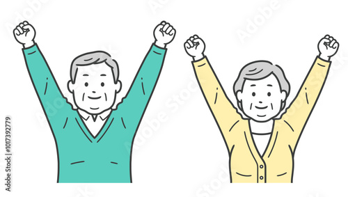 両手でガッツポーズをする高齢者小太り男女の上半身イラスト