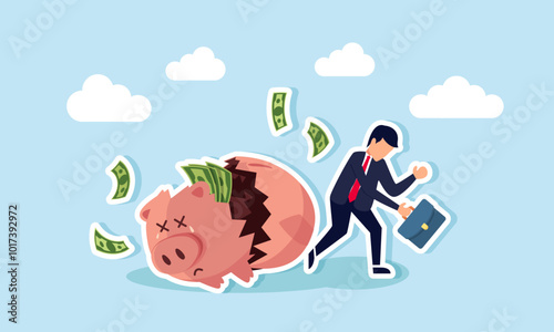 A businessman walking beside a broken piggy bank with money flying away, feeling tired and frustrated, illustrating the failure of an investment in stocks resulting in losses