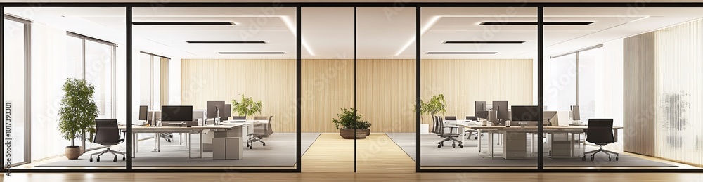 Modern open-space office interior with glass walls, wooden flooring, desks, computers, and light-colored wood paneling, creating a professional, minimalist, and collaborative workspace atmosphere. Modern open-space office interior with glass walls, wooden flooring, desks, computers, and light-colored wood paneling, creating a professional, minimalist, and collaborative workspace atmosphere.