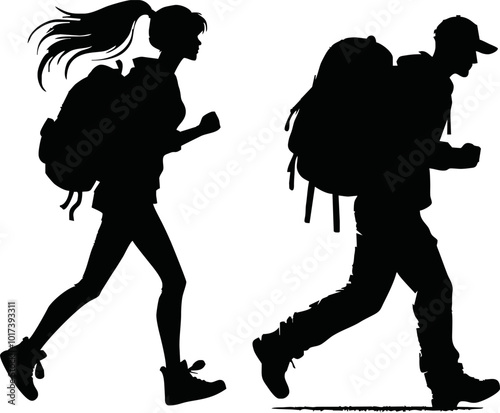 Tourists couple with backpacks vector silhouette illustration isolated on white background