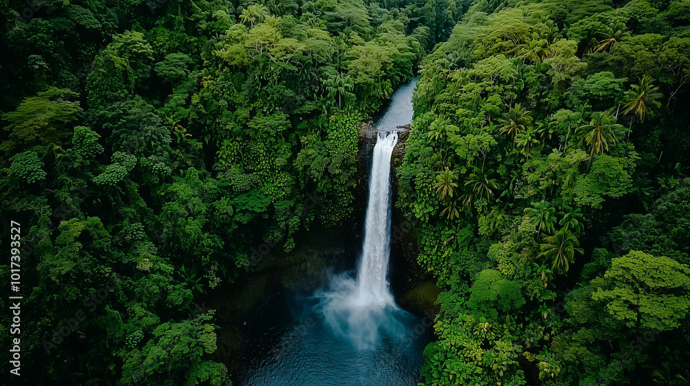 Majestic Waterfall Cascading Into a Pool Surrounded by Lush Greenery Majestic Waterfall Cascading Into a Pool Surrounded by Lush Greenery
