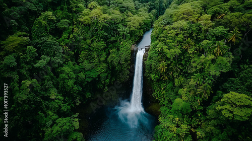 Majestic Waterfall Cascading Into a Pool Surrounded by Lush Greenery