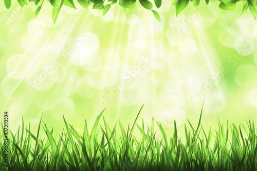 Lush green grass blades against a bright, bokeh background with sunbeams shining through leaves above.