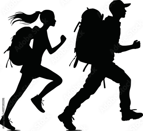 Tourists couple with backpacks vector silhouette illustration isolated on white background