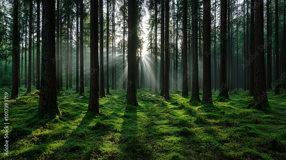 Obraz premium Misty Pine Forest at Dawn with Soft Sunlight Breaking Through