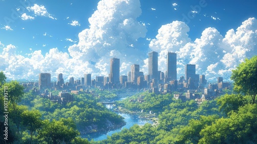 skyline of a bustling city merging seamlessly with lush greenery showcasing a harmonious blend of urban architecture and nature under a bright blue sky with fluffy clouds