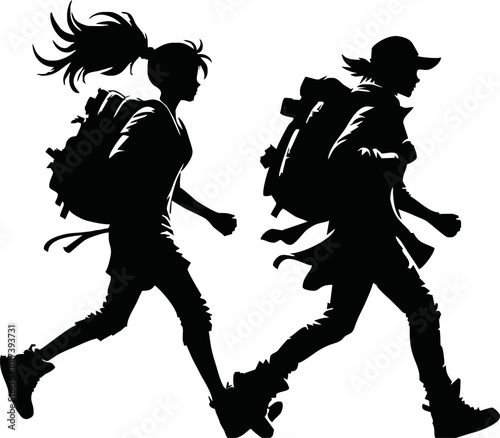 Tourists couple with backpacks vector silhouette illustration isolated on white background
