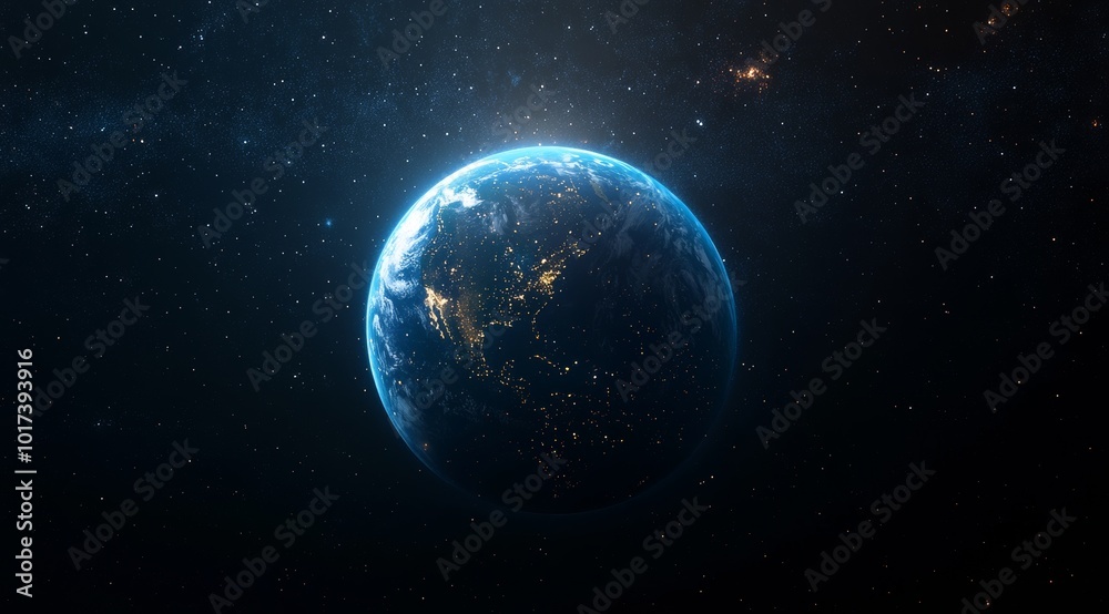 A stunning view of planet Earth from space, showing the bright city lights of North America. The planet is surrounded by a vast expanse of stars, creating a majestic and awe-inspiring scene. A stunning view of planet Earth from space, showing the bright city lights of North America. The planet is surrounded by a vast expanse of stars, creating a majestic and awe-inspiring scene.