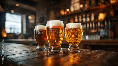 Three glasses of beer on a rustic wooden bar.