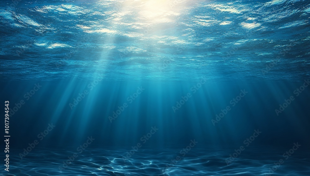 Deep underwater scene with sun rays shining through the water surface. Deep underwater scene with sun rays shining through the water surface.