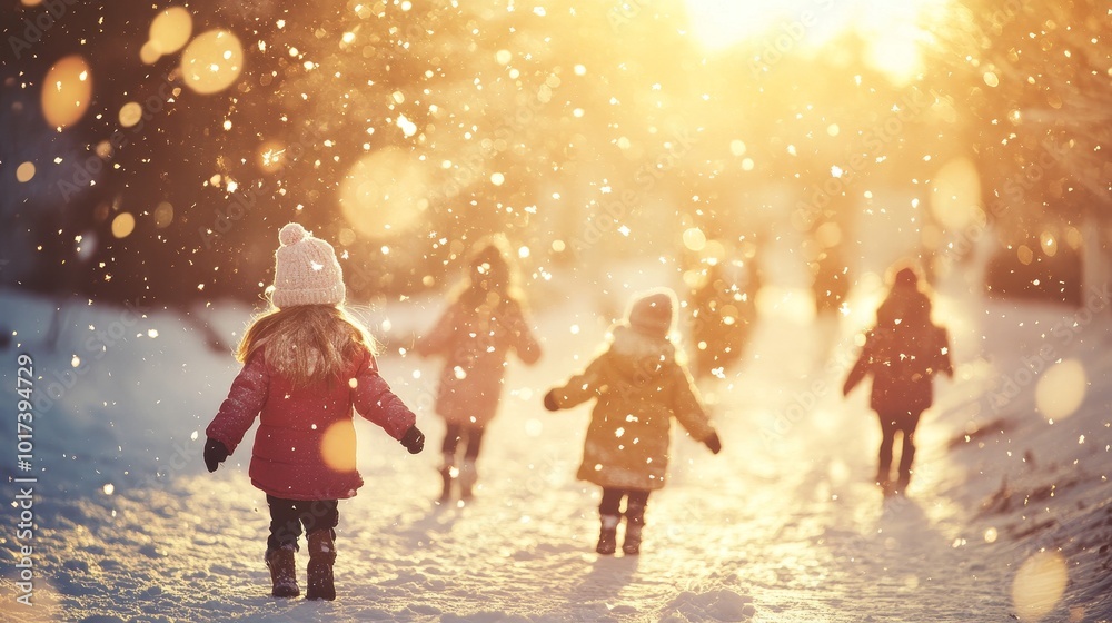 Children Playing Joyfully in a Snowy Landscape During Golden Hour as Snowflakes Dance in the Air Children Playing Joyfully in a Snowy Landscape During Golden Hour as Snowflakes Dance in the Air