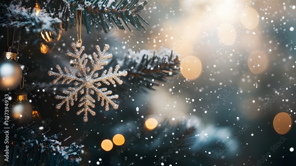 A Glittering Snowflake Ornament Hanging on a Snowy Christmas Tree Branch