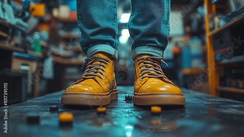 Low angle view of a person standing in a workshop wearing yellow boots.