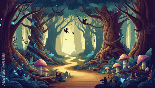 Mystical woodland with ancient trees lush vegetation and sparkling fairy lights background