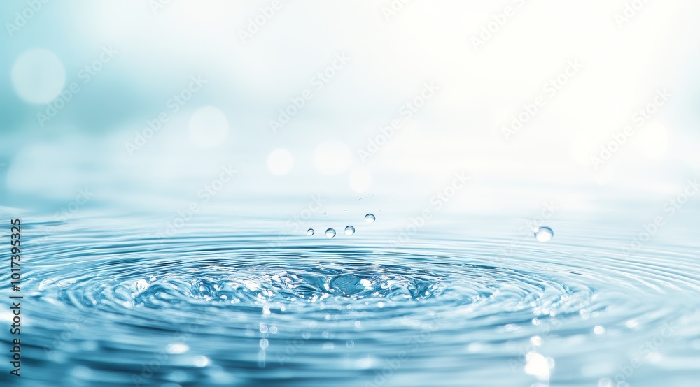 A single drop of water falls into still blue water creating a circular ripple. A single drop of water falls into still blue water creating a circular ripple.