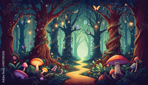 Mystical woodland with ancient trees lush vegetation and sparkling fairy lights background