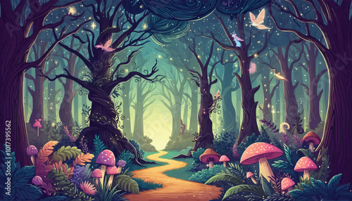 Mystical woodland with ancient trees lush vegetation and sparkling fairy lights background