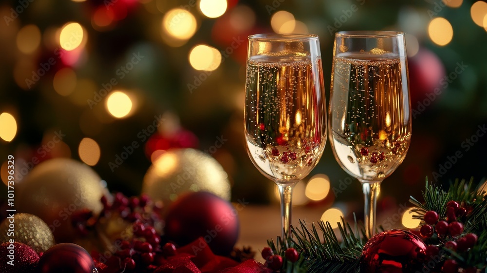 Festive Celebration With Sparkling Drinks Amidst a Beautifully Decorated Holiday Backdrop