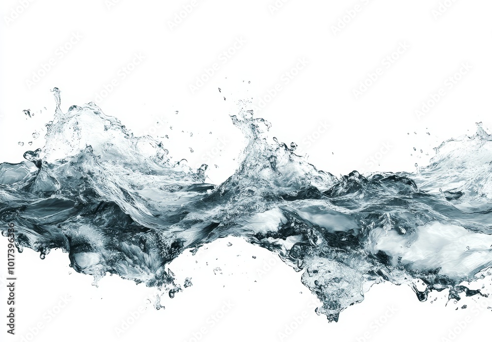 A splash of water creates a wave-like shape against a white background. A splash of water creates a wave-like shape against a white background.