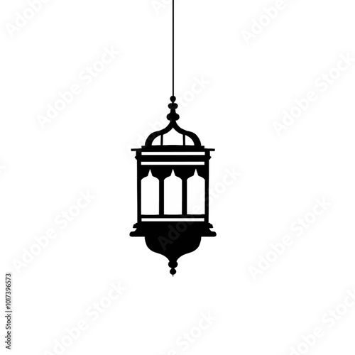 Black and white illustration of five traditional hanging lanterns. The design evokes a Middle Eastern or Islamic style, often associated with Ramadan or celebrations.