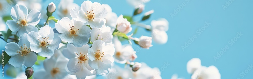 A cluster of delicate white blossoms with yellow centers bloom against a vibrant blue sky. A cluster of delicate white blossoms with yellow centers bloom against a vibrant blue sky.