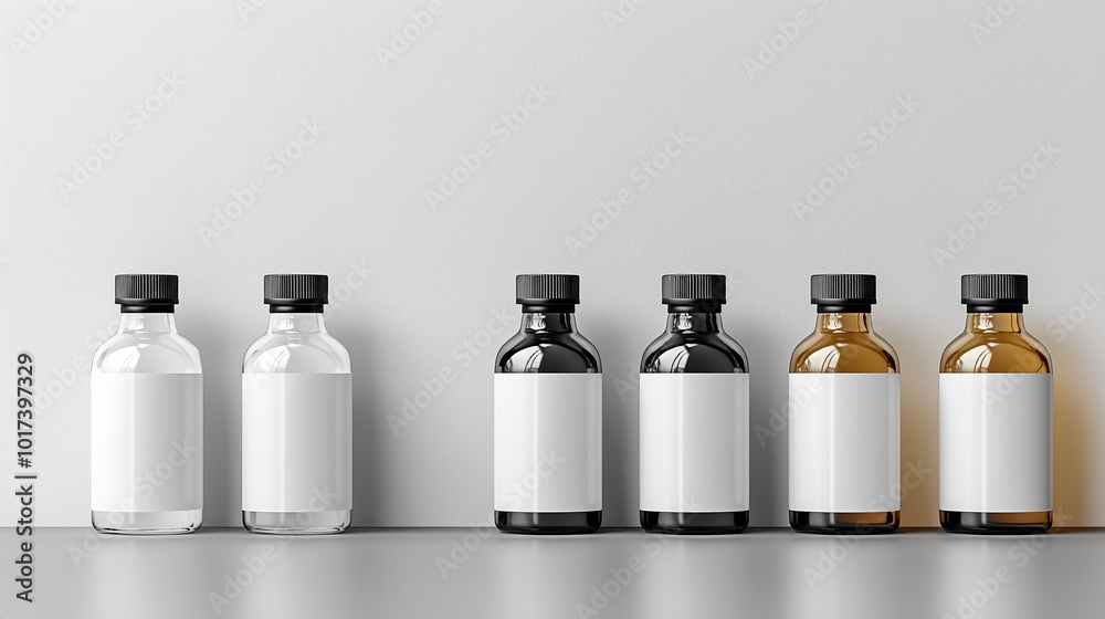 Illustration of glass bottles with blank labels, separated into different quantities. Illustration of glass bottles with blank labels, separated into different quantities.