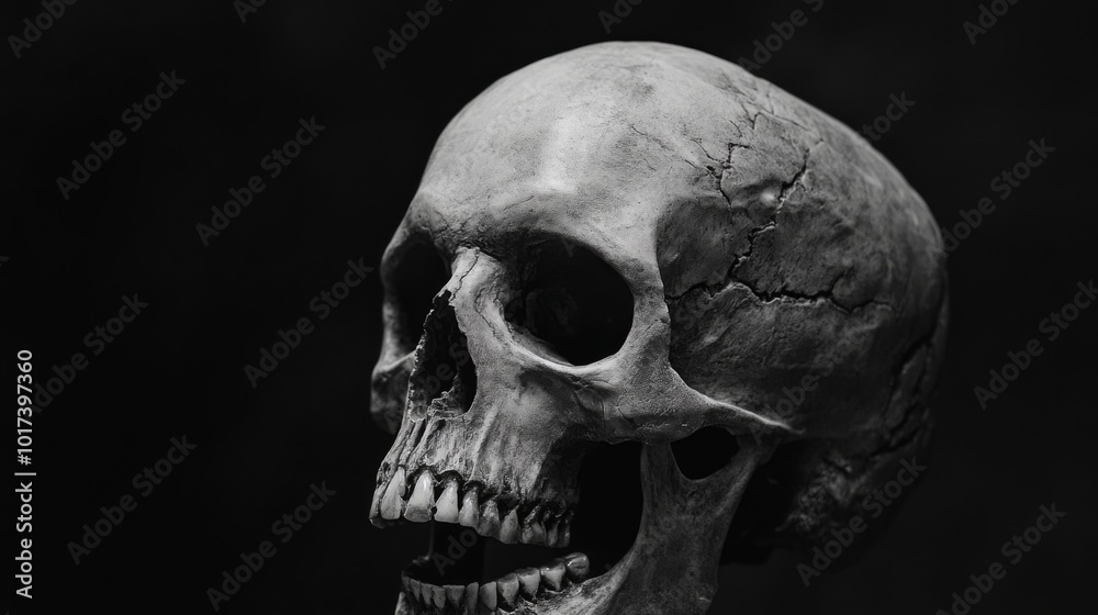 Obraz premium A human skull with an open jaw is displayed in a black and white still life.