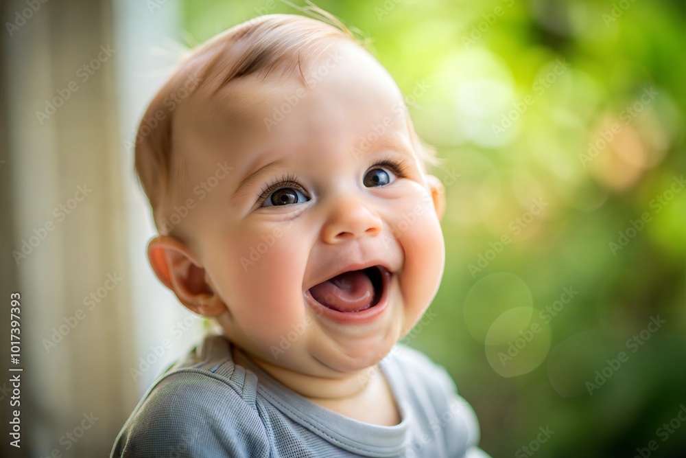 Baby with bright smile and playful expression in close-up Baby with bright smile and playful expression in close-up
