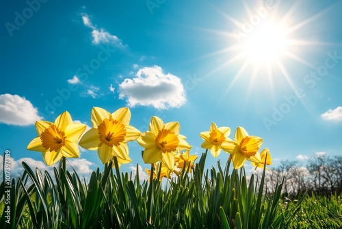 A cluster of yellow daffodils bloom in a field of green grass against a bright blue sky with a sun shining through white clouds.