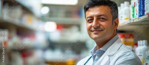 Smiling pharmacist standing in pharmacy.