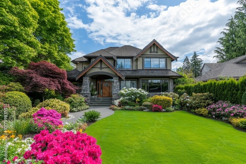 A beautiful two-story house with a well-maintained front lawn and flowerbeds.