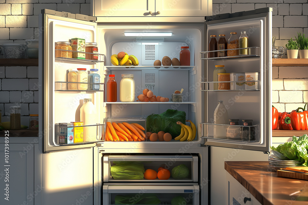 Modern refrigerator filled with fresh food in a bright kitchen Modern refrigerator filled with fresh food in a bright kitchen