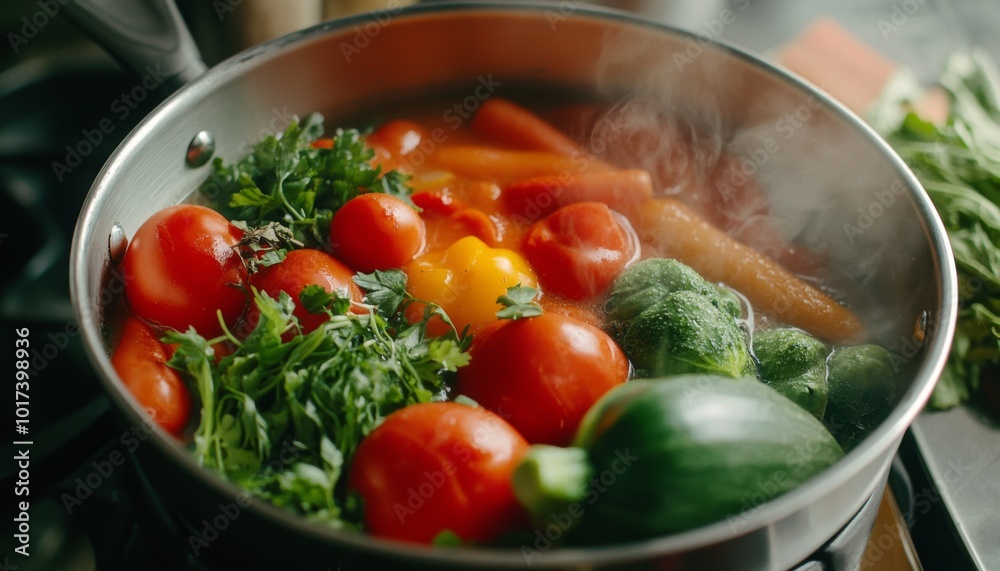 A pot of colorful vegetables simmering in water on a stovetop. A pot of colorful vegetables simmering in water on a stovetop.