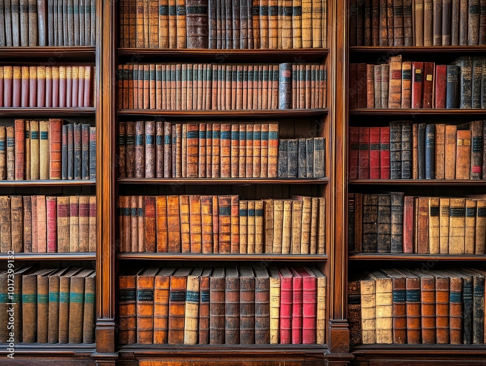 A close-up of a wooden bookshelf with rows of antique leather-bound books. A close-up of a wooden bookshelf with rows of antique leather-bound books.