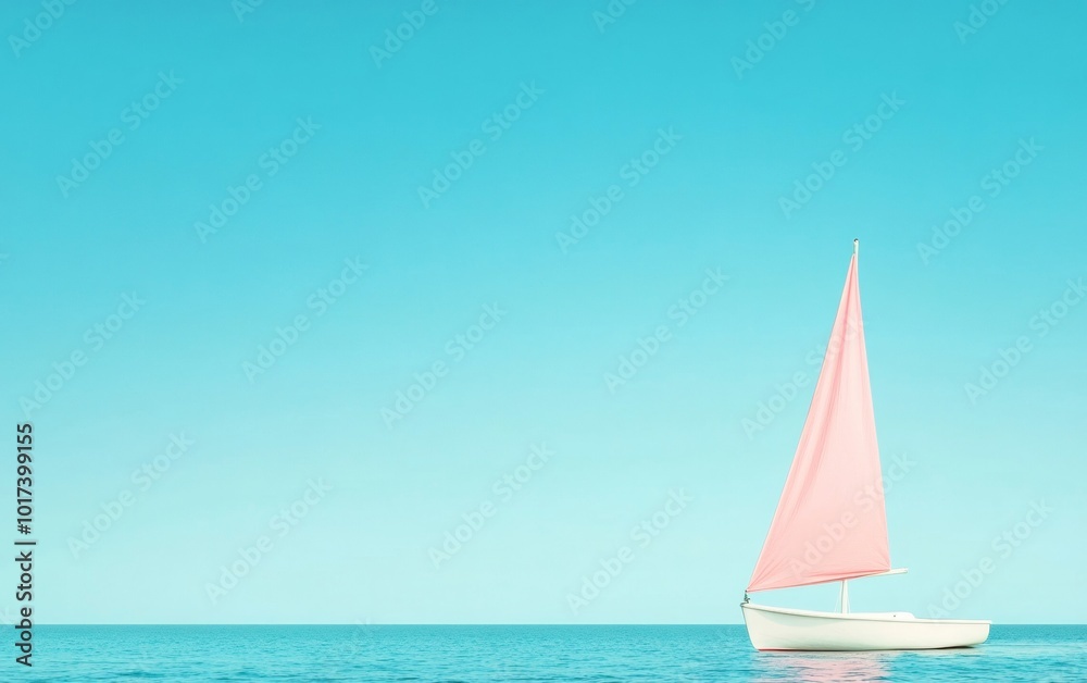Obraz premium Minimalist Sailboat with Pink Sail on Calm Blue Waters Under Clear Sky