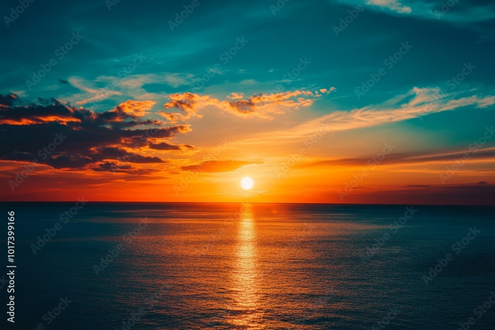 Naklejka premium Dramatic sunset over the ocean with a golden sky and clouds.