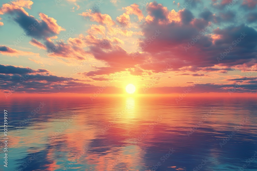 Fototapeta premium Colorful sunset over a calm ocean with pink clouds and a glowing sun reflecting off the water.